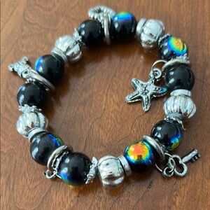 Black iridescent and Silver Beaded Bracelet charm bracelet